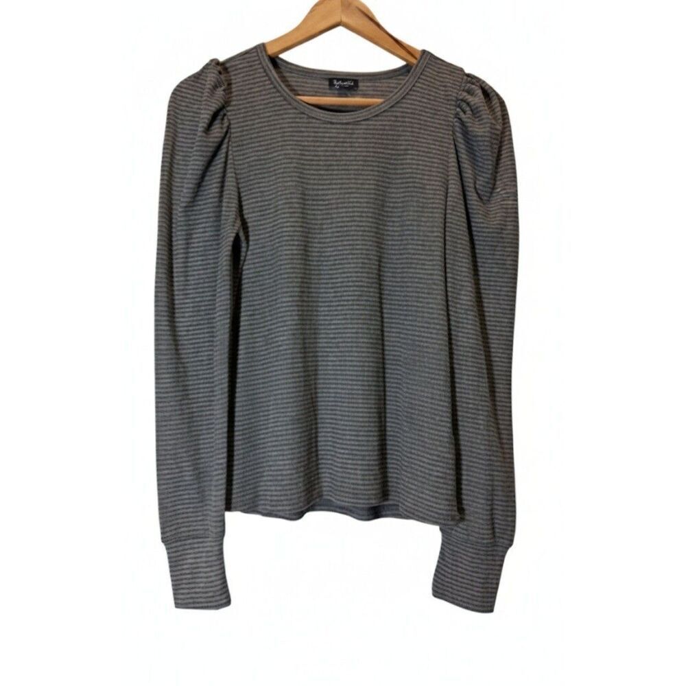 womens medium top Splendid gray striped puff sleeve longsleeve knit crew neck